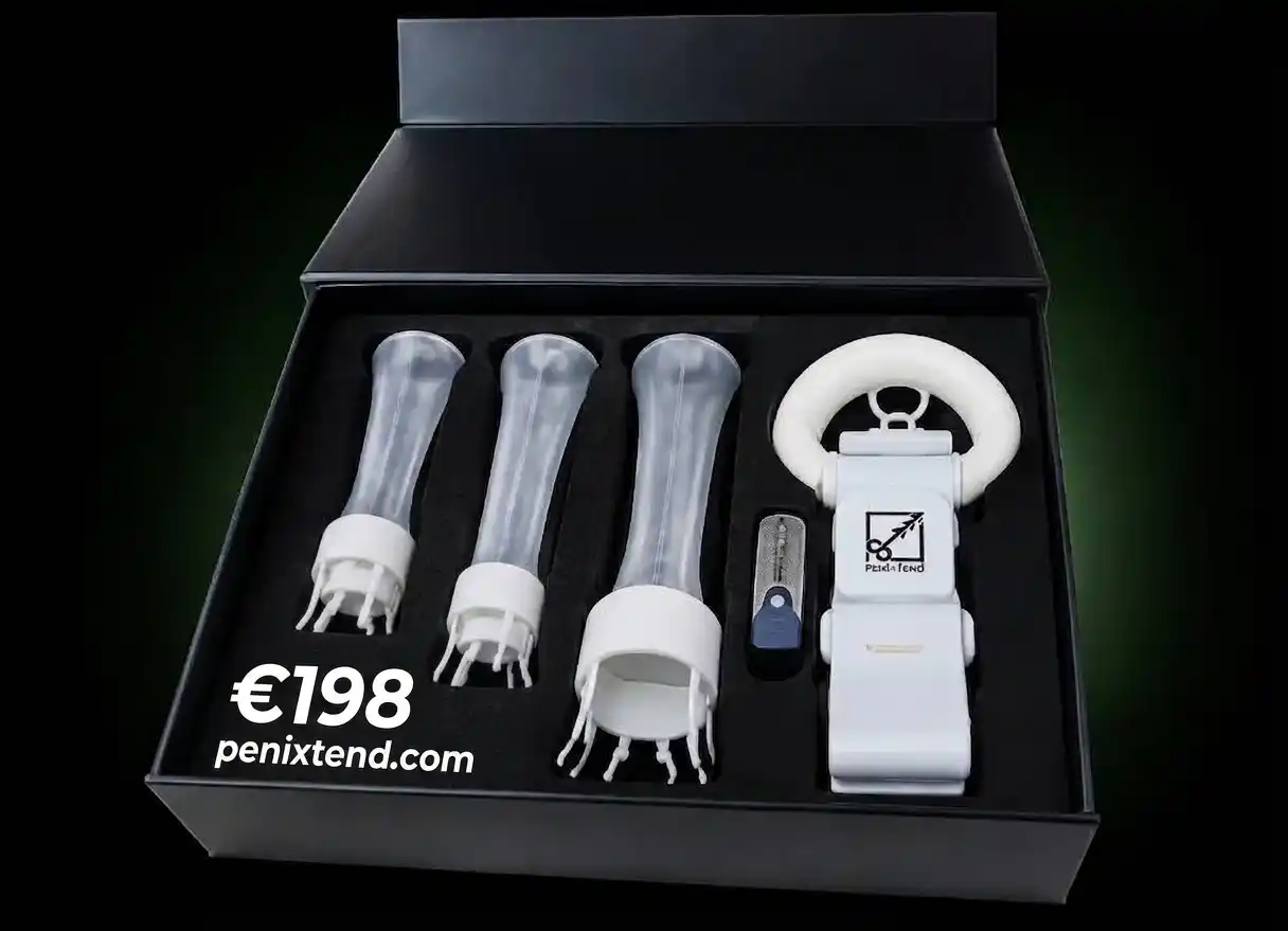 PeniXtend extension device kit ek premium black box mein, jis par keemat €198 aur website penixtend.com likhi hai, 'Kosten Penisverlängerung' keywords ke sath optimized.