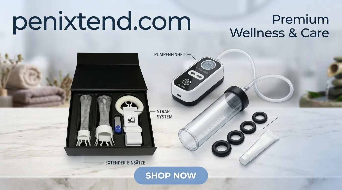 Bestandteile eines Penisstreckers von PeniXtend: Extender Einsätze, Strap System, Pumpeneinheit, Zylinder, Ringe und Tube