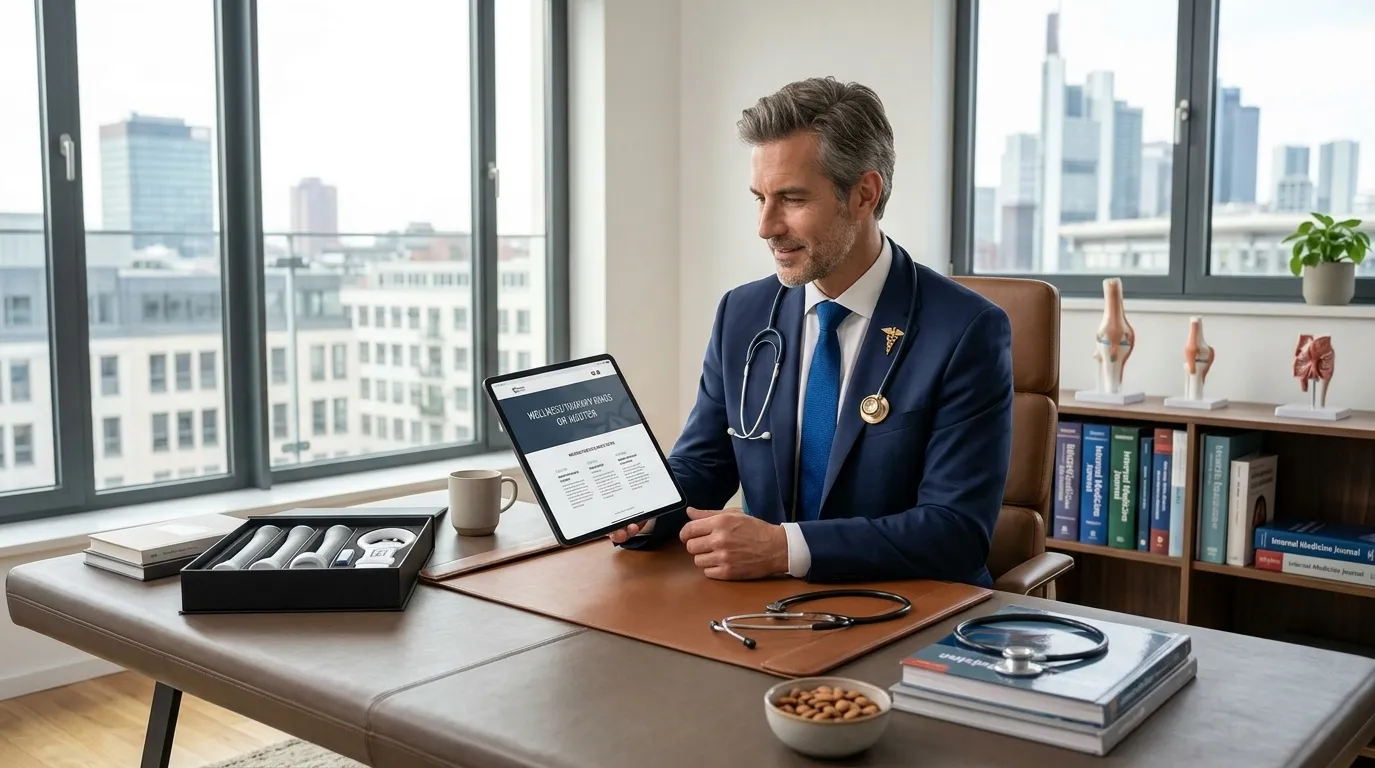 Symbolbild ärztliche Beratung zum Penisstrecker: Mann mit Stethoskop und Tablet neben einem geöffneten Gerätekoffer