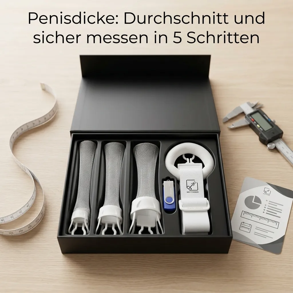 Penisdicke messen: Maßband, digitaler Messschieber und PeniXtend Set in schwarzer Box auf Holztisch