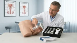 Arzt erklärt Penistraktionstherapie anhand eines medizinischen Modells, professionelle Praxisumgebung