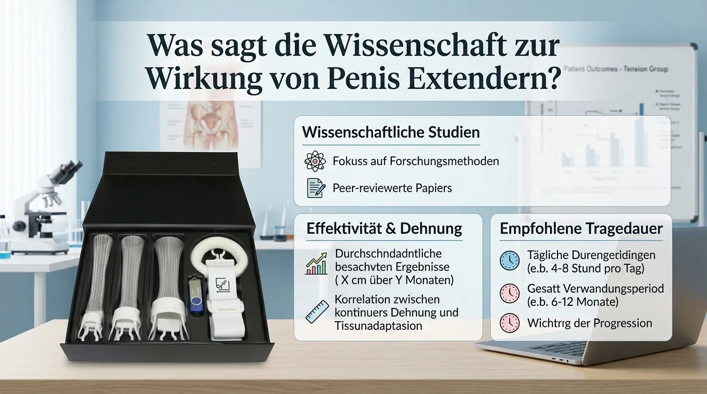 Infografik zur Wirkung von Penis Extendern mit Studienlage, Effektivität und Tragedauer neben einem Traktionsgerät Set
