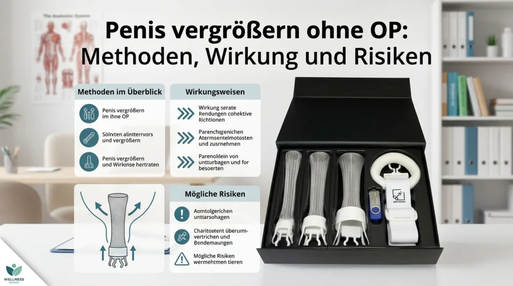 Penis vergrößern ohne OP: Infografik zu Methoden, Wirkung und Risiken mit Penis Extender Set in schwarzer Box