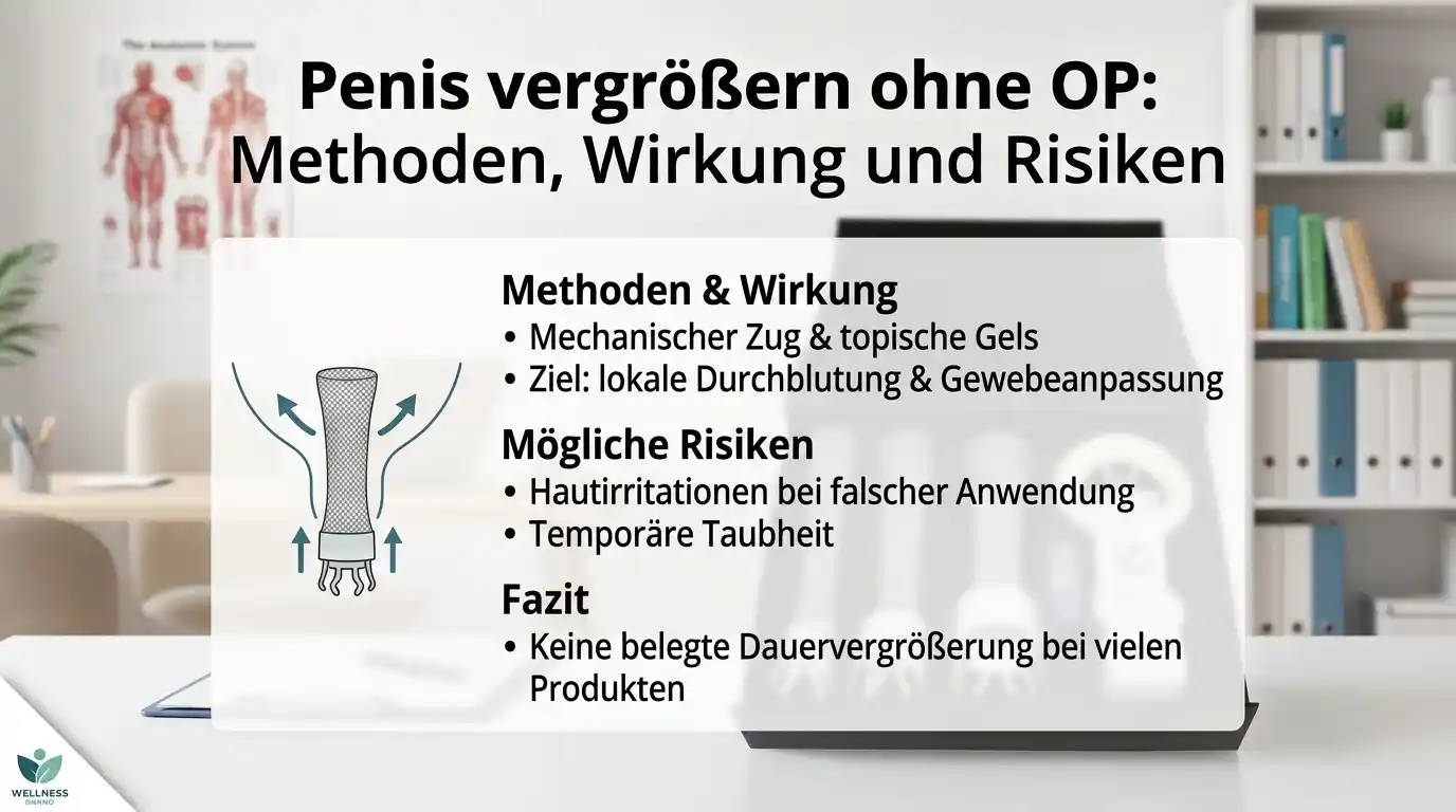 Infografik: Penis vergrößern ohne OP mit Methoden, Wirkung, möglichen Risiken und Fazit zur Traktionstherapie