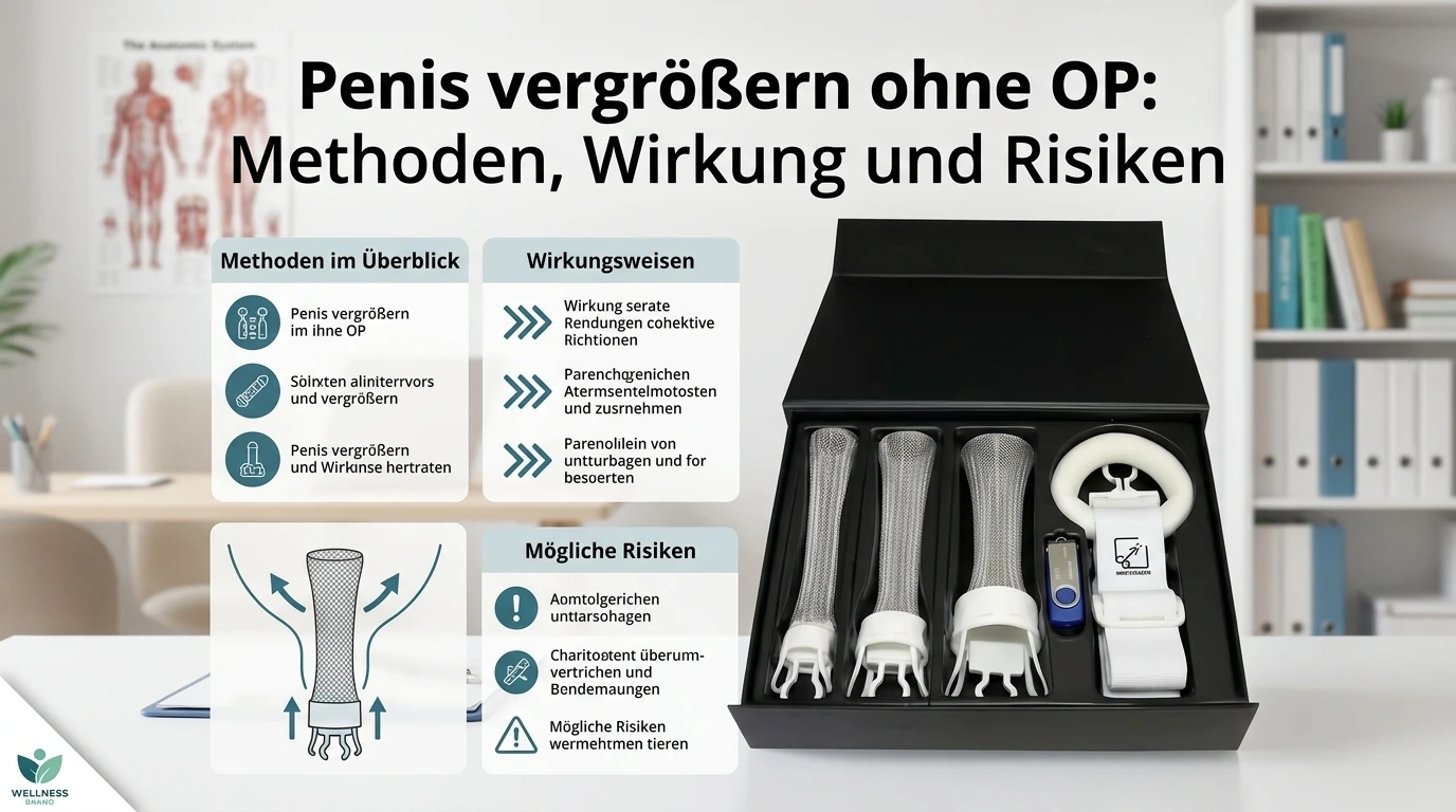 Penis vergrößern ohne OP: Infografik zu Methoden, Wirkung und Risiken mit Penis Extender Set in schwarzer Box