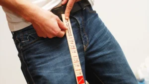 Männer mit langen Schwänzen Symbolbild mit Maßband zur Darstellung der Penisgröße in Jeans