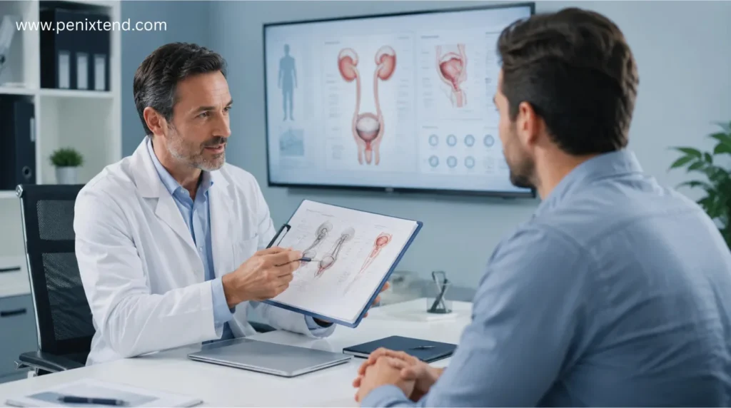 Doctor explaining male anatomy and penis size during a professional urology consultation