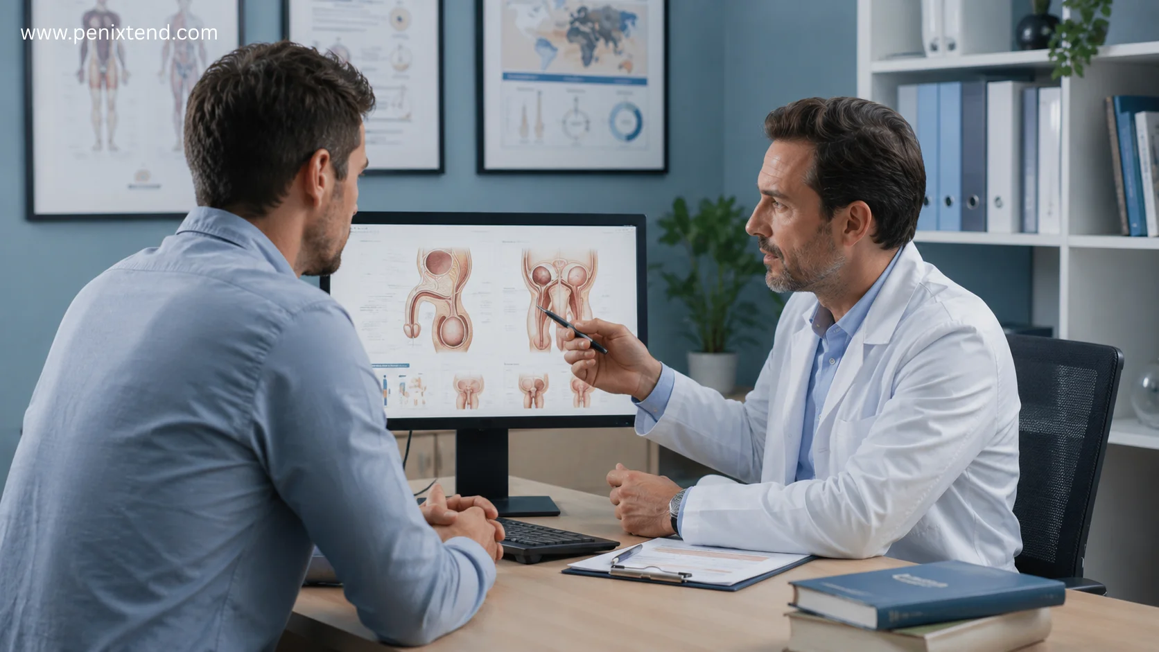 Doctor explaining evidence-based penis lengthening treatments during a urology consultation