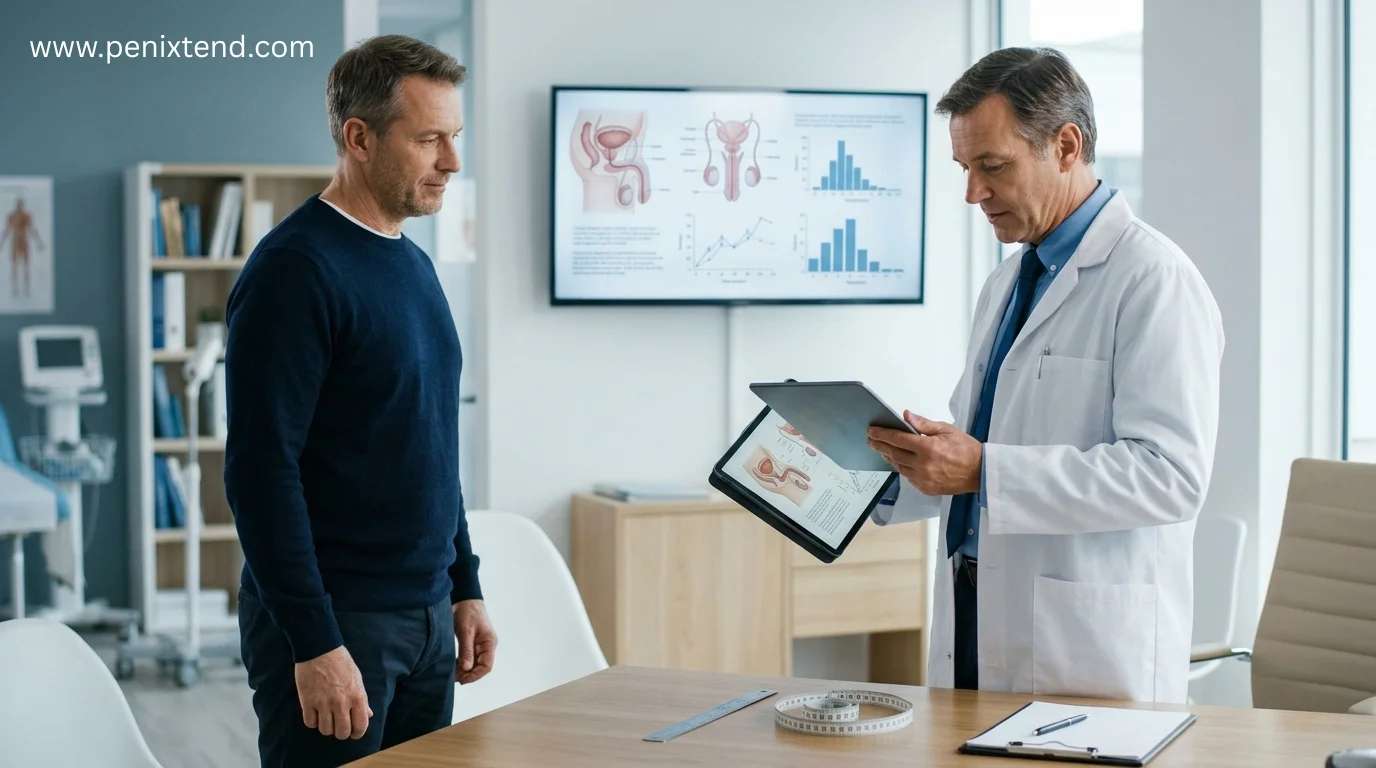 Doctor consulting with an adult male patient about average penis size and male anatomy in a modern urology clinic