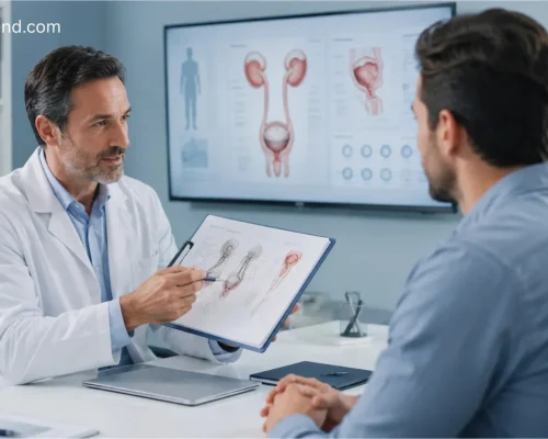 Doctor explaining male anatomy and penis size during a professional urology consultation