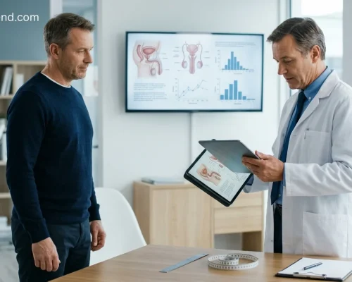 Doctor consulting with an adult male patient about average penis size and male anatomy in a modern urology clinic